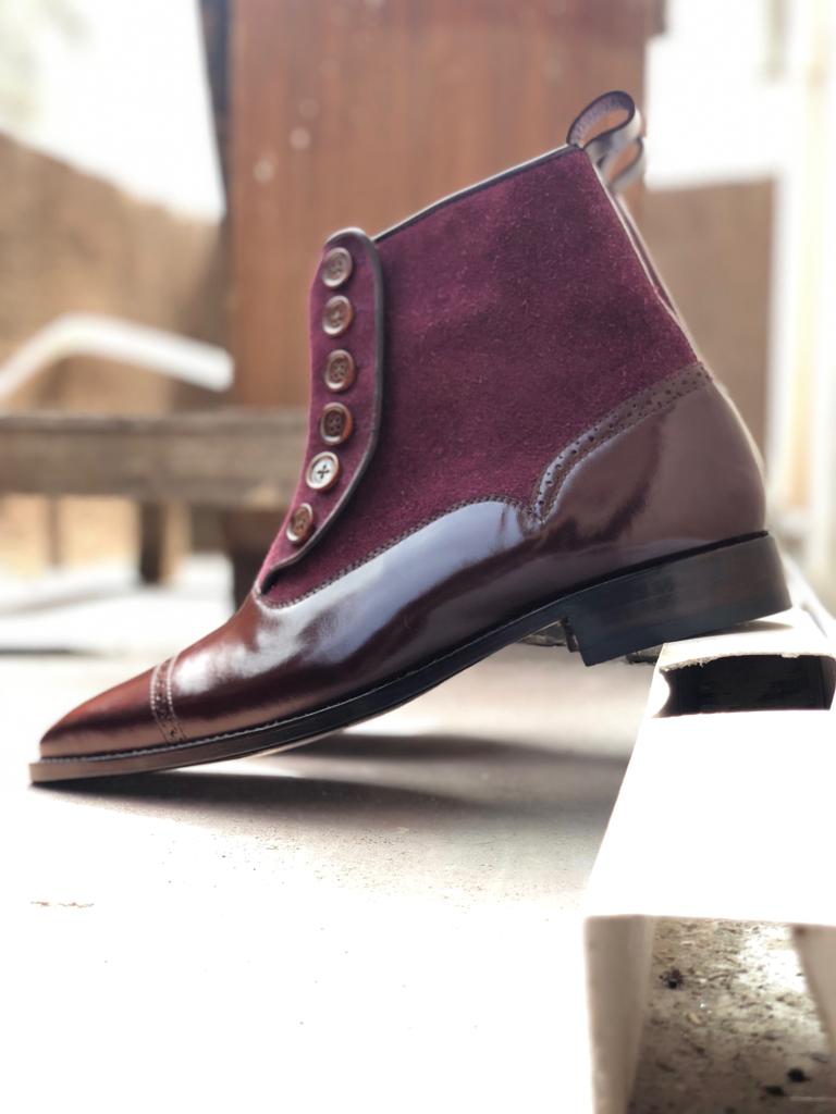 Stylish Men's Handmade Brown & Purple Leather & Suede Boots, Men Casual Ankle High Boots - theleathersouq
