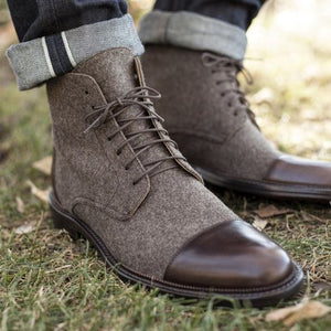 Stylish Men's Handmade Brown & Gray Ankle High Leather & Tweed Lace Up Boots - theleathersouq