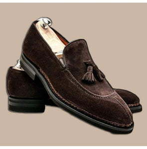 Stylish Men's Handmade Dark Brown Suede Loafer Slipper Party Dress Fashion Tussles Shoes - theleathersouq