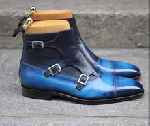 Load image into Gallery viewer, Stylish Men&#39;s Handmade Triple Monk Strap Ankle High Two Tone Blue Leather Boots - theleathersouq