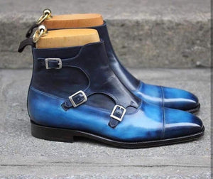 Stylish Men's Handmade Triple Monk Strap Ankle High Two Tone Blue Leather Boots - theleathersouq