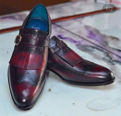 Stylish Men's Handmade Burnished Burgundy Wing Tip Monk Strap & Fringed Dress Shoes - theleathersouq