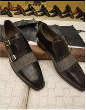 Load image into Gallery viewer, Stylish Handmade Men&#39;s Black &amp; Gray Double Monk Strap Tweed &amp; Leather Brogue Shoes - theleathersouq