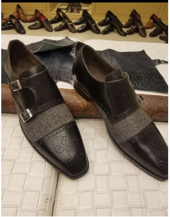 Stylish Handmade Men's Black & Gray Double Monk Strap Tweed & Leather Brogue Shoes - theleathersouq