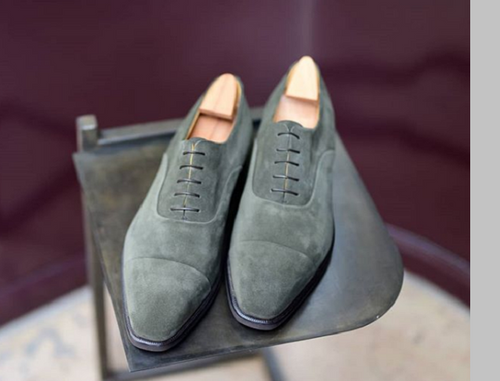 Men's Handmade Gray Color Suede Lace Up Shoes, Men's Dress Cap Toe Shoes - theleathersouq