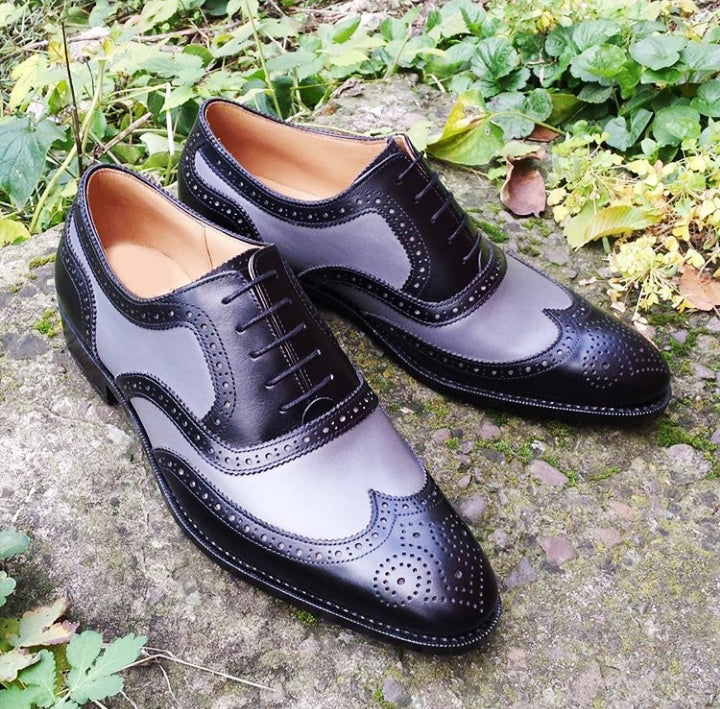 Stylish Men's Handmade Gray & Black Leather Wing Tip Brogue Lace Up Dress Shoes - theleathersouq