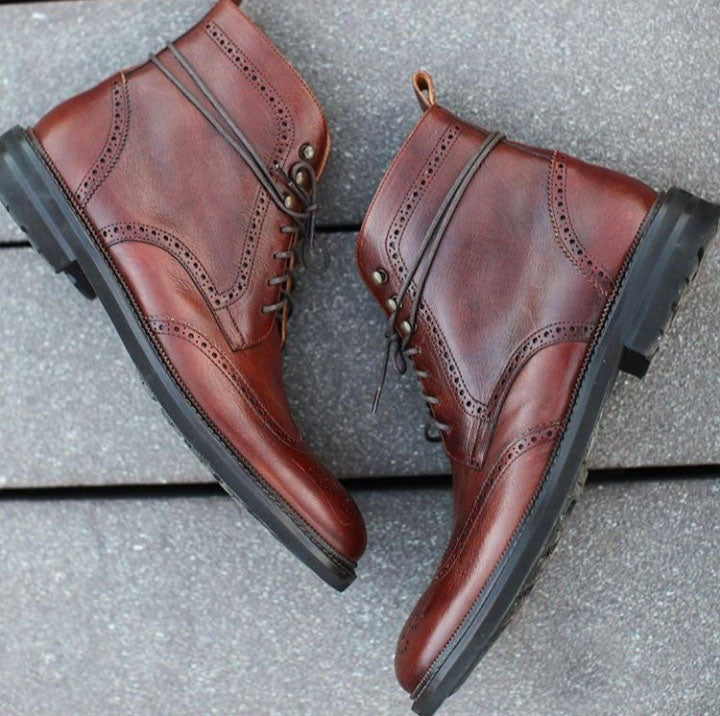Stylish Handmade Men's Wing Tip Brogue Leather Boots, Men Brown Ankle High Lace Up Boots - theleathersouq