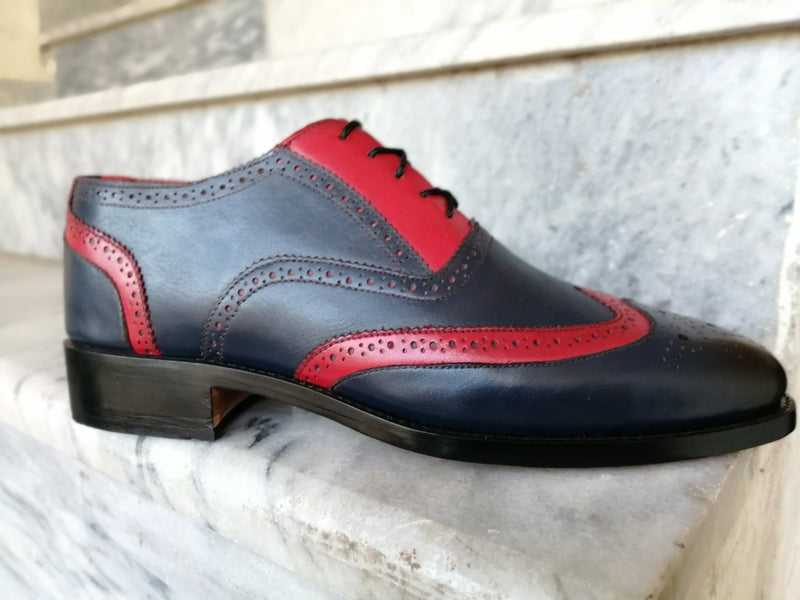 Stylish Handmade Men's Navy Blue & red Leather Wing Tip Brogue Dress Shoes - theleathersouq