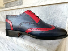Load image into Gallery viewer, Stylish Handmade Men&#39;s Navy Blue &amp; red Leather Wing Tip Brogue Dress Shoes - theleathersouq