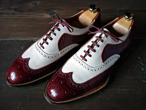 Stylish Men's Handmade Burgundy & White Leather Wing Tip Brogue Lace Up Shoes - theleathersouq