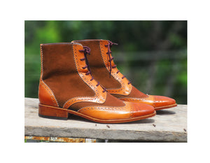 Stylish Handmade Men's Tan & Brown Wing Tip Leather & Suede Lace Up Casual Boots - theleathersouq