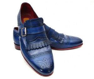 Men's Handmade Blue Single Monk Strap Leather Fringed Shoes, Men Dress Shoes - theleathersouq