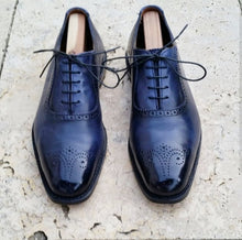 Load image into Gallery viewer, Elegant Handmade Men&#39;s Brogue Shoes, Men&#39;s Navy Blue Leather Lace Up Dress Shoes - theleathersouq