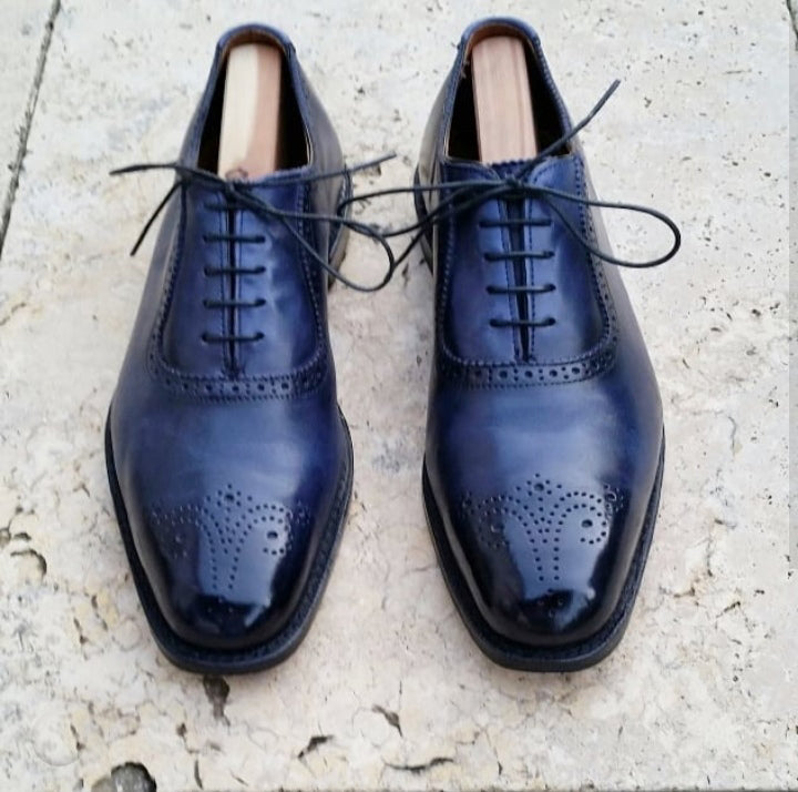 Elegant Handmade Men's Brogue Shoes, Men's Navy Blue Leather Lace Up Dress Shoes - theleathersouq