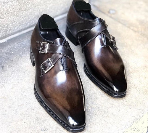 Stylish Men's Handmade Dark Brown Double Monk Leather Shoes, Men Dress Buckle Shoes - theleathersouq