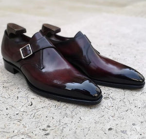 New Men's Handmade Burgundy Monk Leather Burnished Toe Shoes, Men Dress Buckle Shoes - theleathersouq