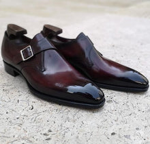 Load image into Gallery viewer, New Men&#39;s Handmade Burgundy Monk Leather Burnished Toe Shoes, Men Dress Buckle Shoes - theleathersouq