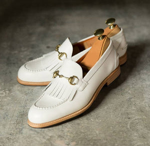 New Stylish Men's Handmade White Leather Fringed & Buckle Fashion Dress Shoes - theleathersouq