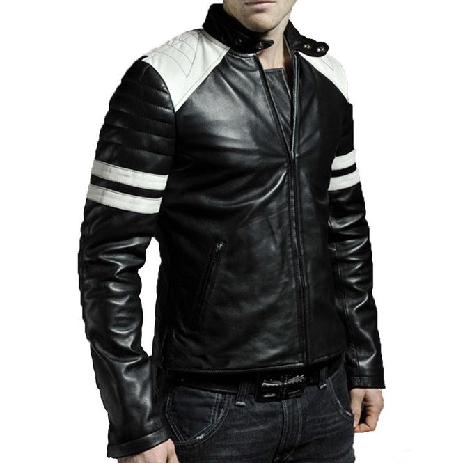 Men Black & White Biker Jacket, Men's Leather Biker Jacket - theleathersouq
