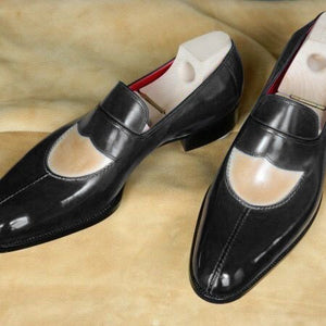 Stylish Men's Handmade Beige & Black color Leather Split Toe Slip Ons Formal Dress Shoes - theleathersouq