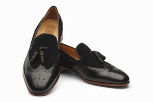 Super Hot Men's Handmade Tassel & Brogue Loafer black Leather & Suede Dress Shoes - theleathersouq