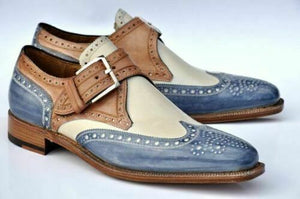 Elegant Design Handmade Men's Multi Color leather Monk Brogue Dress shoes - theleathersouq