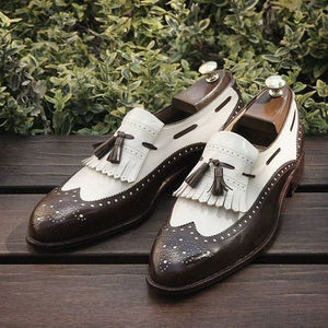 Stylish Men's Handmade Dark Brown & White Leather Fringed Tassel Loafer Shoes - theleathersouq
