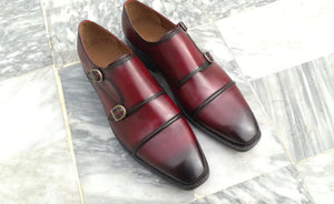 Elegant Men's Handmade Burgundy Leather Cap Toe Double Monk Strap Dress Shoes - theleathersouq