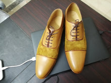 Load image into Gallery viewer, Men&#39;s Handmade Tan leather &amp; Suede Cap Toe Lace Up Dress Fashion Shoes - theleathersouq