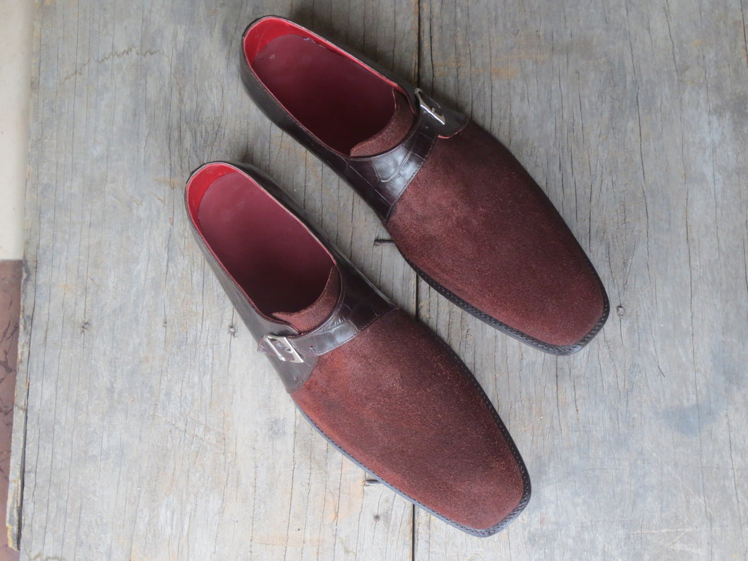 Elegant Handmade Men's Burgundy Suede & Alligator Style Leather Dress Fashion Shoes - theleathersouq