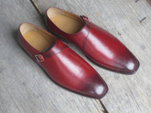 Load image into Gallery viewer, Classic Men&#39;s Handmade Burgundy Leather Monk Strap Burnished Toe Dress Shoes - theleathersouq