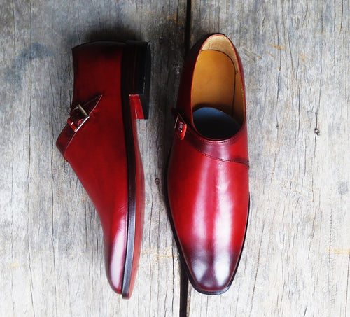Classic Men's Handmade Burgundy Leather Monk Strap Burnished Toe Dress Shoes - theleathersouq