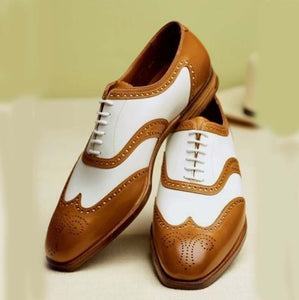 New Stylish Handmade Men's Oxford Wing Tip Brogue Tan & White Leather Shoes - theleathersouq