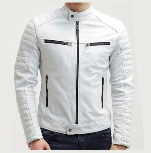 Men White Color Slim Fit Leather Jacket, Men's Fashion Jacket - theleathersouq