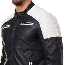 Load image into Gallery viewer, Stylish Men&#39;s Black and White Slim Fit Biker Jacket, Men Leather Jacket - theleathersouq