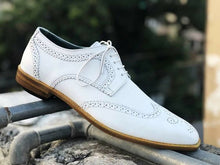Load image into Gallery viewer, Beautiful Handmade Men&#39;s White Leather Wing Tip Brogue Lace Up Dress Shoes - theleathersouq