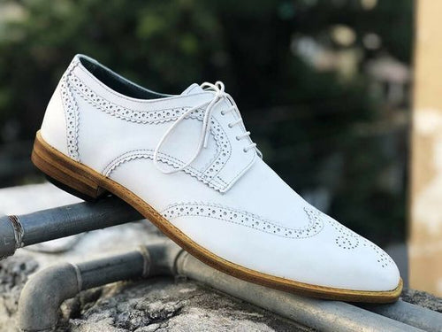 Beautiful Handmade Men's White Leather Wing Tip Brogue Lace Up Dress Shoes - theleathersouq