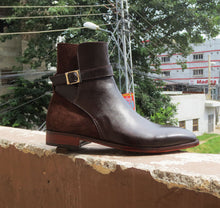 Load image into Gallery viewer, Stylish men&#39;s Handmade Leather &amp; Suede Brown Jodhpur Buckle Boots - theleathersouq