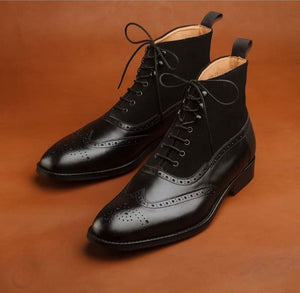 Stylish New Handmade Men's Dark Brown Lace Up Wing Tip Brogue Leather & Suede Boots - theleathersouq