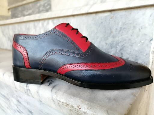 Handmade Men’s Pink & Navy Color Leather Wing Tip Brogue Lace Up Dress Shoes - theleathersouq