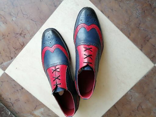 Handmade Men’s Pink & Navy Color Leather Wing Tip Brogue Lace Up Dress Shoes - theleathersouq