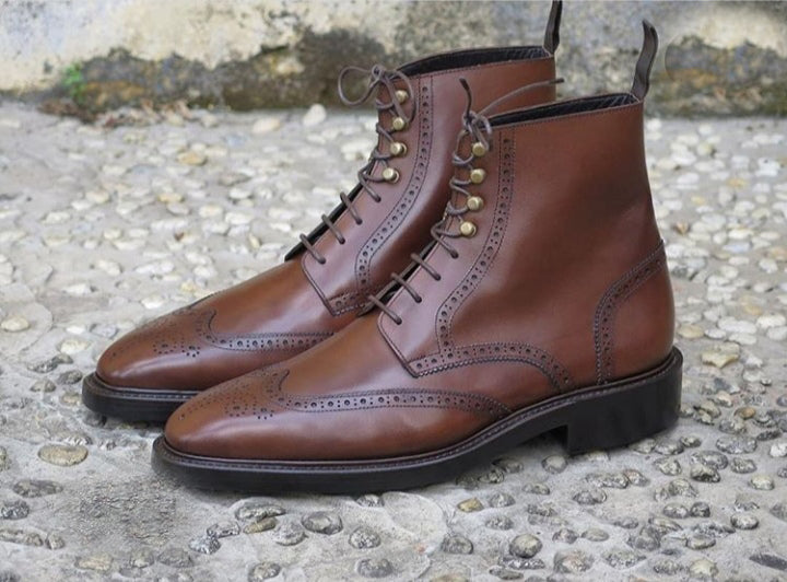 Handmade Men’s Ankle High Leather Boots, Men’s Brown Wing Tip Brogue Lace Up Boots - theleathersouq