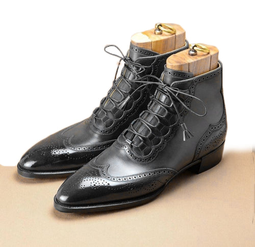 Elegant Handmade Men’s Ankle High Leather Wing Tip Brogue Boots, Men’s Black Color Lace Up Boots - theleathersouq