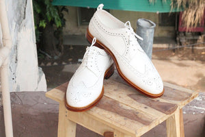 Stylish Handmade Men's White Leather Wing Tip Brogue Lace Up Dress Shoes - theleathersouq