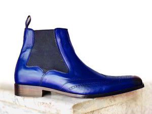 Handmade Men’s Ankle High Leather Wing Tip Brogue Boots, Men’s Blue Color Chelsea Boots - theleathersouq