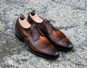 Stylish Handmade Men's Brown Color Leather Wing Tip Brogue Dress Formal Lace Up Shoes - theleathersouq