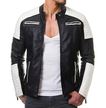 Stylish Men's Black and White Slim Fit Biker Jacket, Men Leather Jacket - theleathersouq