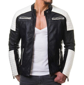 Stylish Men's Black and White Slim Fit Biker Jacket, Men Leather Jacket - theleathersouq