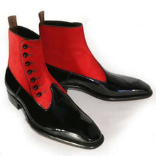 Load image into Gallery viewer, Stylish Men Handmade Black &amp; Red Leather &amp; Suede Boots, men ankle shoes - theleathersouq