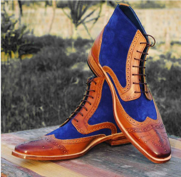 Elegant Men Handmade Blue & Tan Leather & Suede Boots, men Wing Tip ankle Boots - theleathersouq